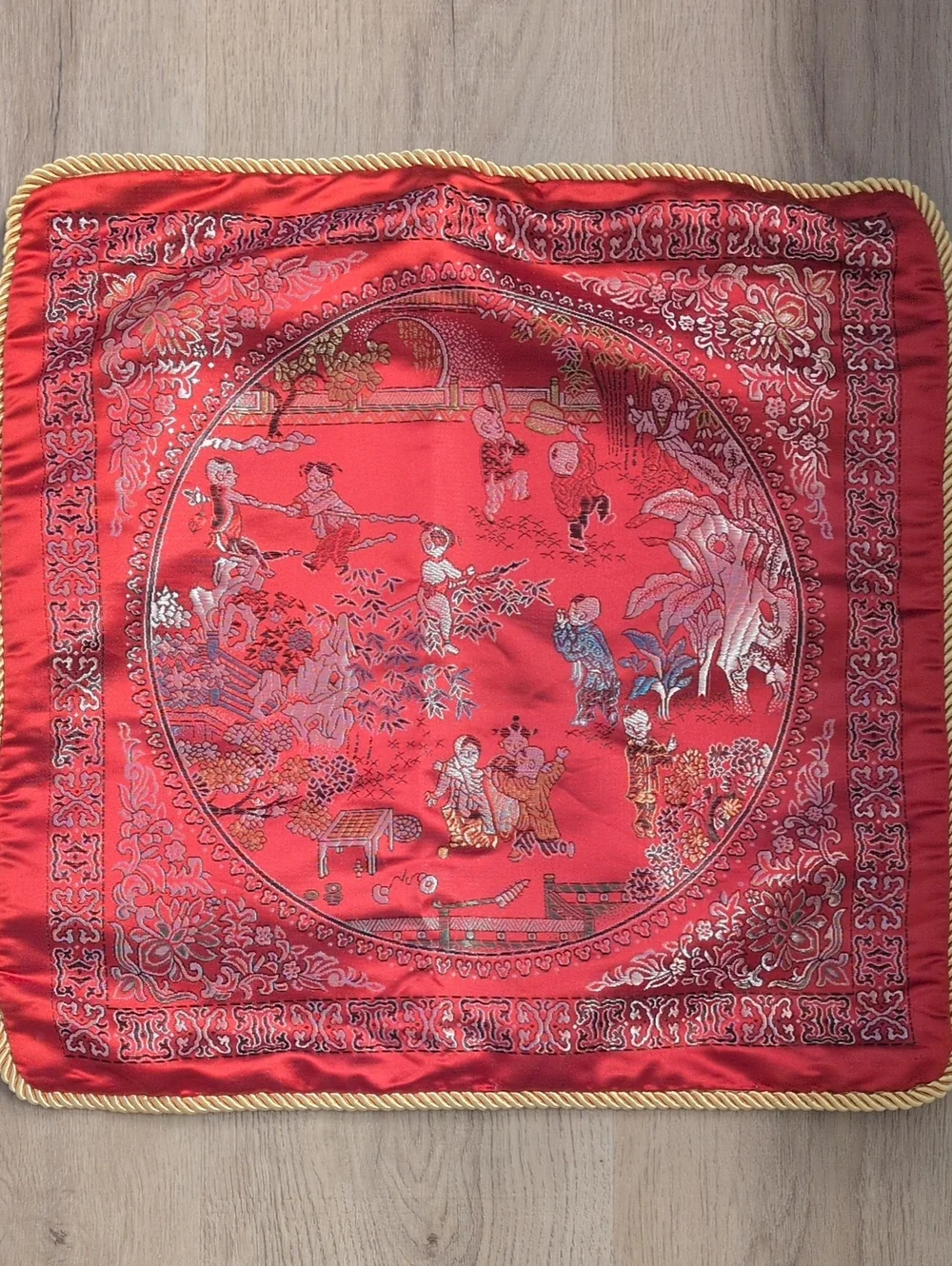 Throw Pillow Cover Case Vintage Chinese Embroidered Satin Damask Children 16 in